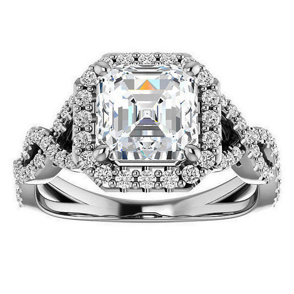 Asscher Infinity Halo Engagement Ring with Scrolls