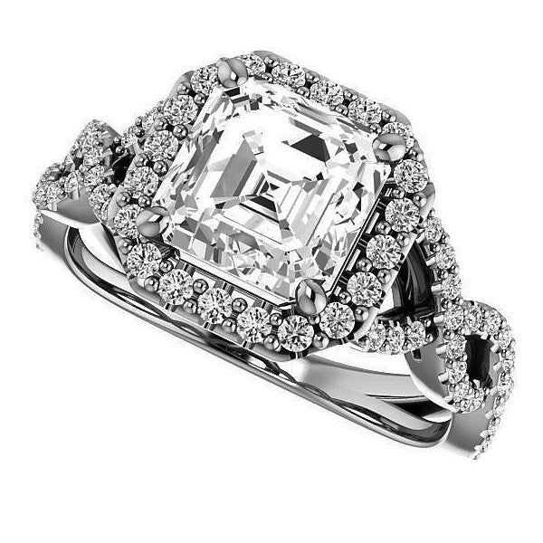 Asscher Infinity Halo Engagement Ring with Scrolls