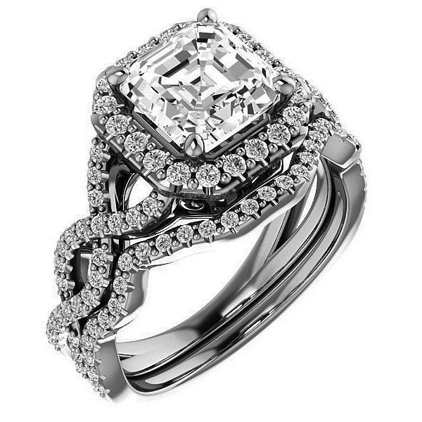 Asscher Infinity Halo Engagement Ring with Scrolls