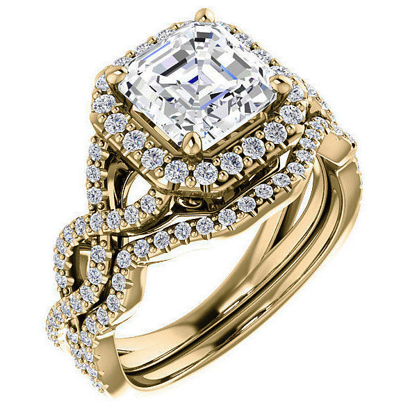 Asscher Infinity Halo Engagement Ring with Scrolls