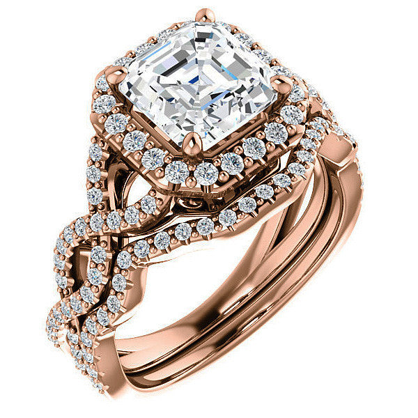 Asscher Infinity Halo Engagement Ring with Scrolls