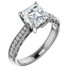 Asscher cut Engraved Engagement Ring with Milgrain