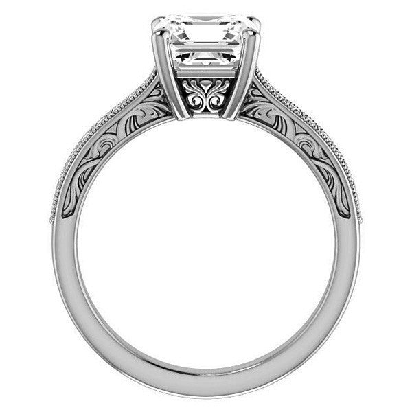 Asscher cut Engraved Engagement Ring with Milgrain