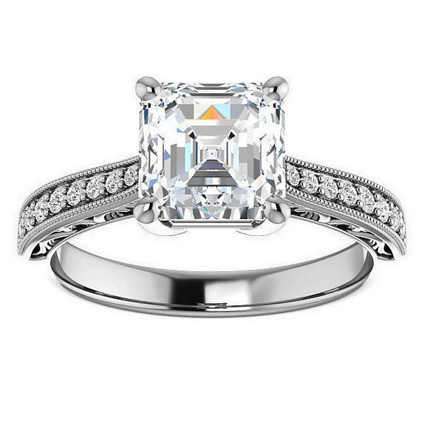 Asscher cut Engraved Engagement Ring with Milgrain