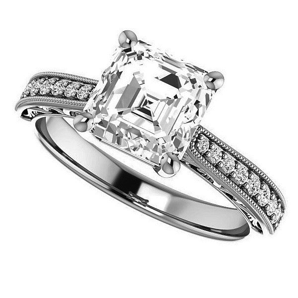 Asscher cut Engraved Engagement Ring with Milgrain