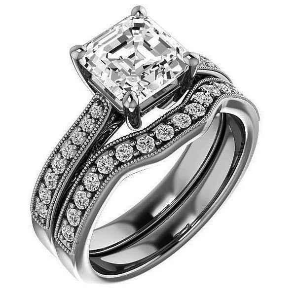 Asscher cut Engraved Engagement Ring with Milgrain