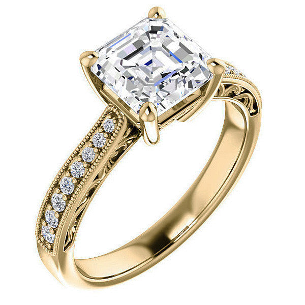 Asscher cut Engraved Engagement Ring with Milgrain