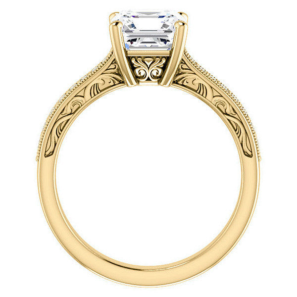 Asscher cut Engraved Engagement Ring with Milgrain