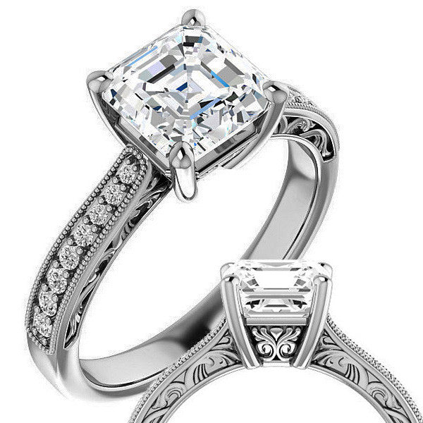 Asscher cut Engraved Engagement Ring with Milgrain