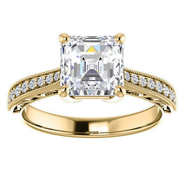 Asscher cut Engraved Engagement Ring with Milgrain
