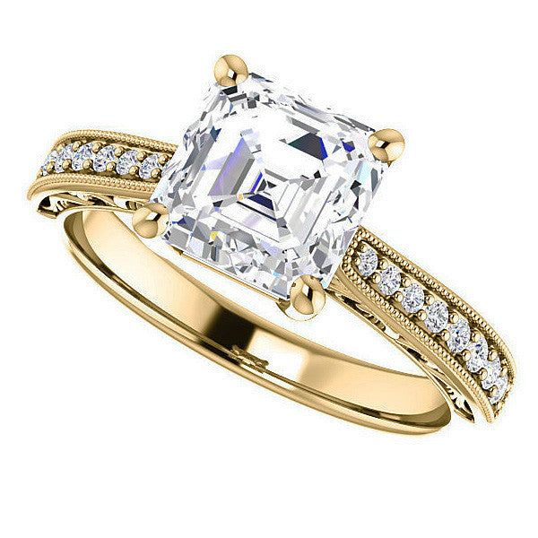 Asscher cut Engraved Engagement Ring with Milgrain