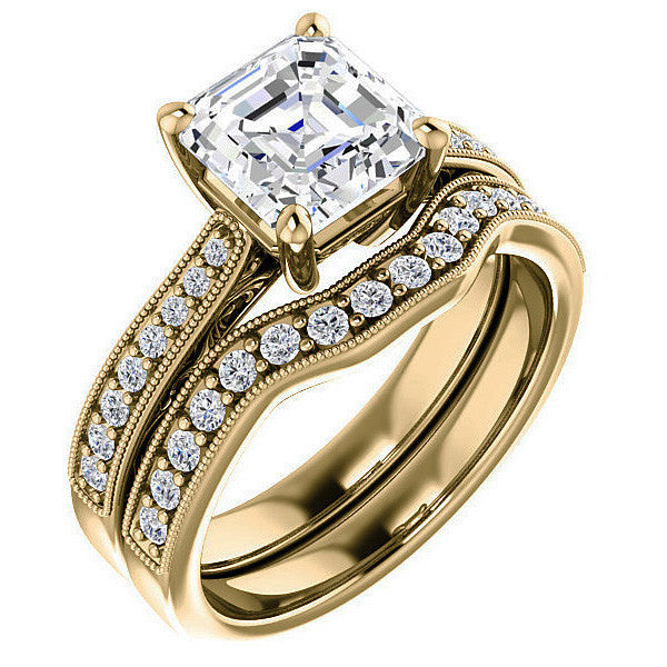 Asscher cut Engraved Engagement Ring with Milgrain