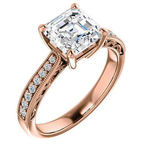 Asscher cut Engraved Engagement Ring with Milgrain