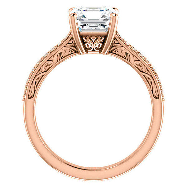 Asscher cut Engraved Engagement Ring with Milgrain