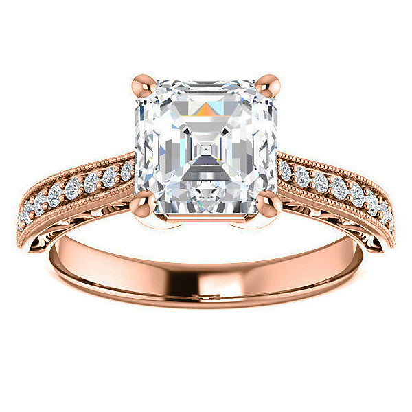 Asscher cut Engraved Engagement Ring with Milgrain