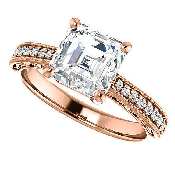 Asscher cut Engraved Engagement Ring with Milgrain