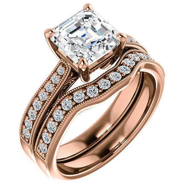 Asscher cut Engraved Engagement Ring with Milgrain