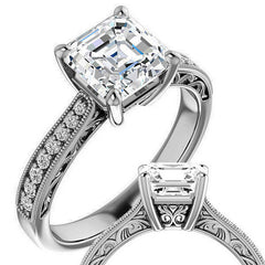 Asscher cut Engraved Engagement Ring with Milgrain
