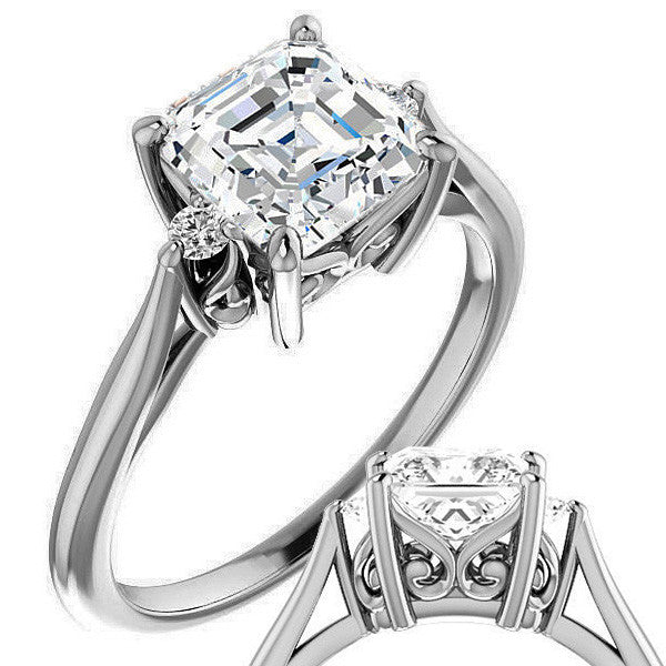 Asscher cut Three-Stone Cathedral Engagement Ring
