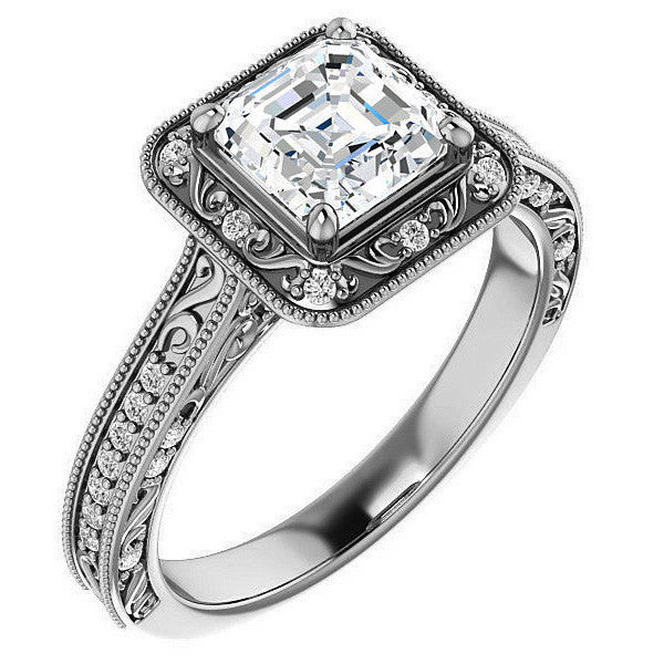 Asscher cut Scroll Accented Halo Engagement Ring