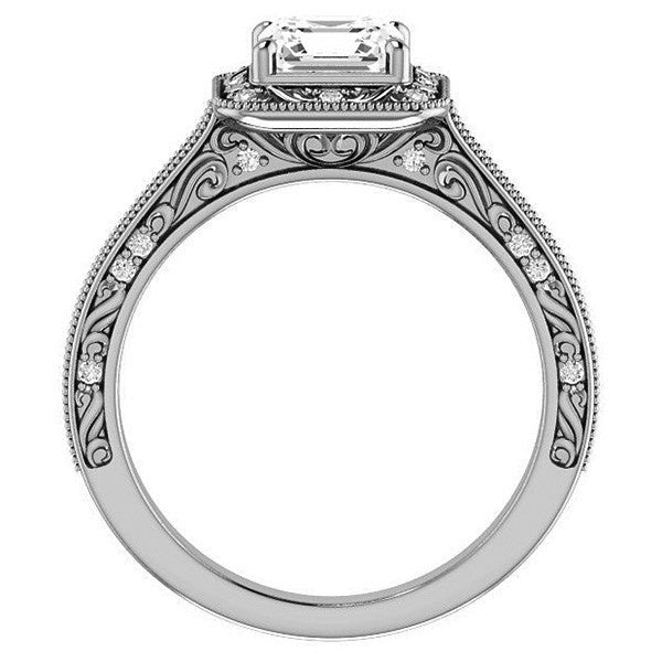 Asscher cut Scroll Accented Halo Engagement Ring