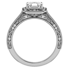 Asscher cut Scroll Accented Halo Engagement Ring