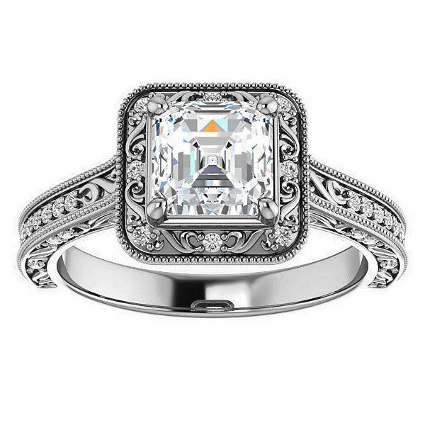 Asscher cut Scroll Accented Halo Engagement Ring