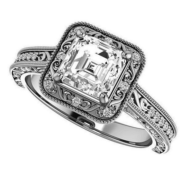 Asscher cut Scroll Accented Halo Engagement Ring