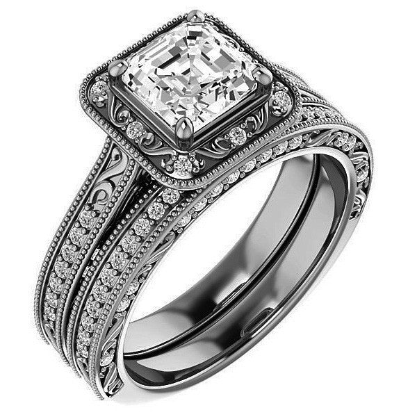Asscher cut Scroll Accented Halo Engagement Ring
