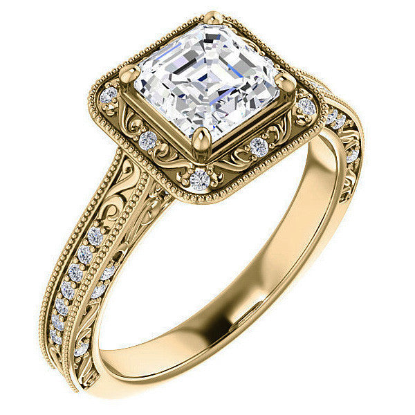 Asscher cut Scroll Accented Halo Engagement Ring