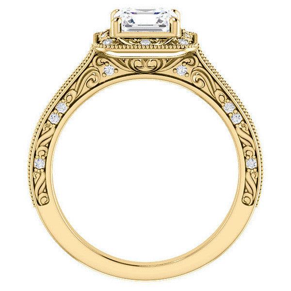 Asscher cut Scroll Accented Halo Engagement Ring