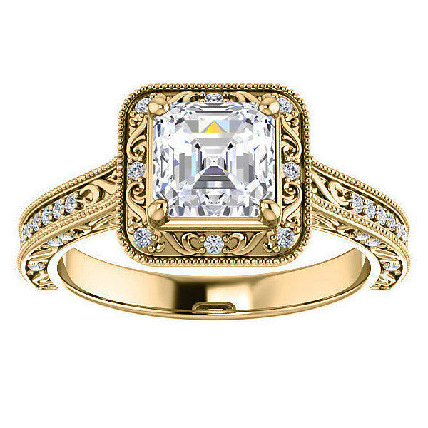 Asscher cut Scroll Accented Halo Engagement Ring