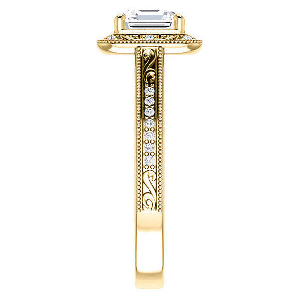Asscher cut Scroll Accented Halo Engagement Ring