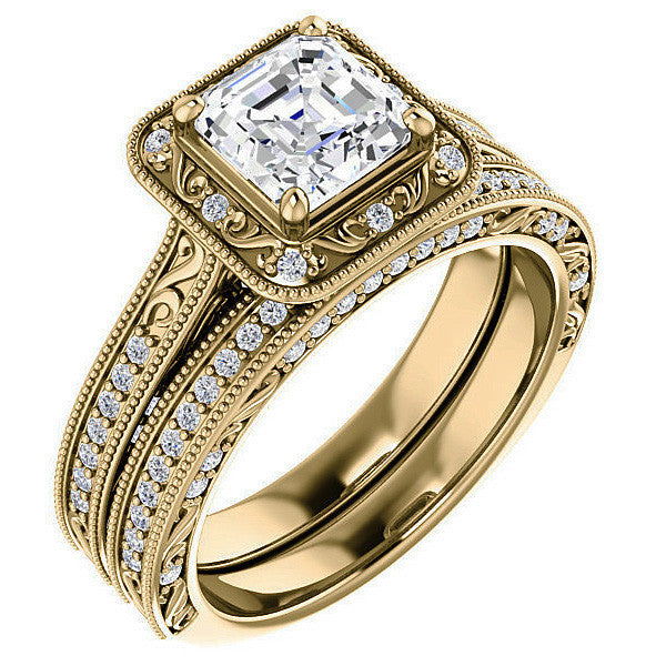 Asscher cut Scroll Accented Halo Engagement Ring