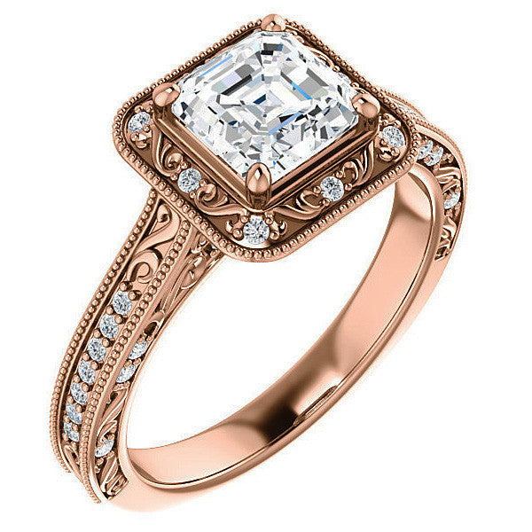 Asscher cut Scroll Accented Halo Engagement Ring