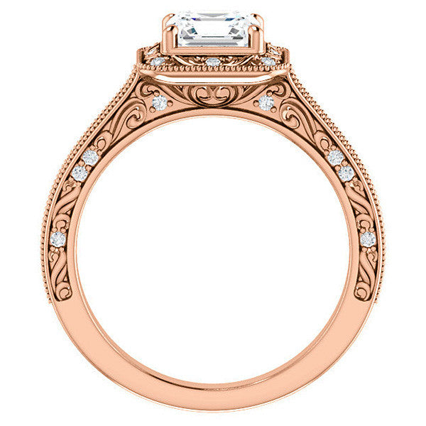 Asscher cut Scroll Accented Halo Engagement Ring