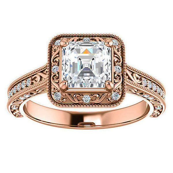 Asscher cut Scroll Accented Halo Engagement Ring