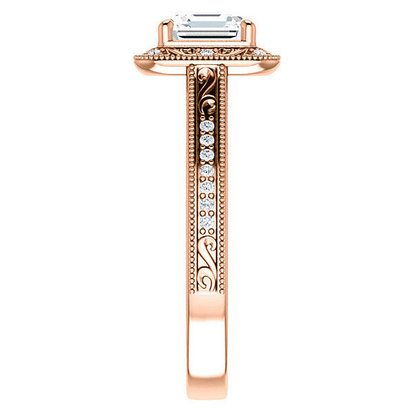 Asscher cut Scroll Accented Halo Engagement Ring