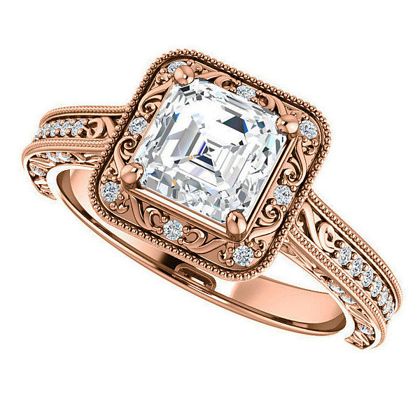 Asscher cut Scroll Accented Halo Engagement Ring