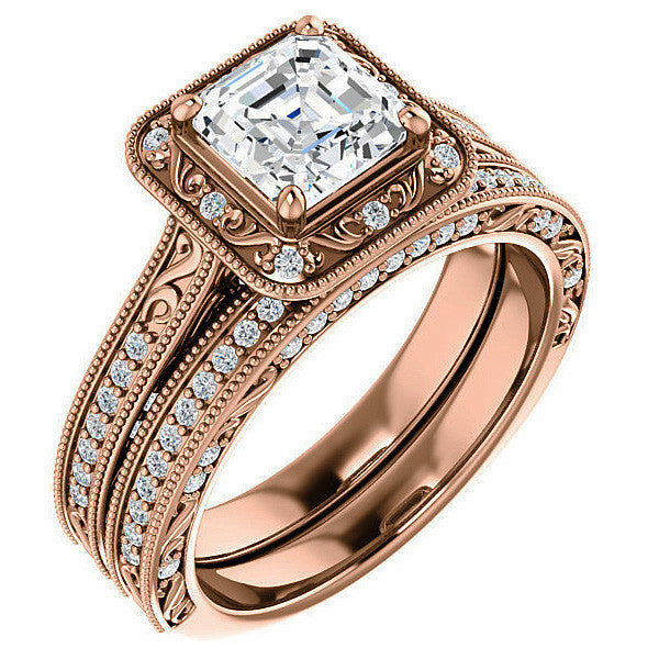 Asscher cut Scroll Accented Halo Engagement Ring
