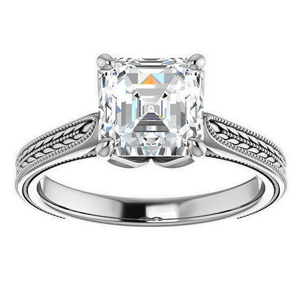Asscher Vintage-Style Engraved Ring with Tulip Prongs