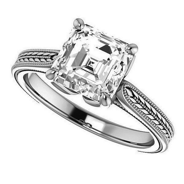 Asscher Vintage-Style Engraved Ring with Tulip Prongs