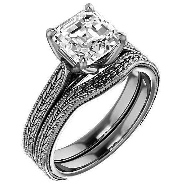 Asscher Vintage-Style Engraved Ring with Tulip Prongs