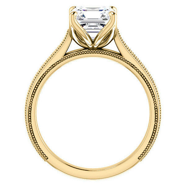 Asscher Vintage-Style Engraved Ring with Tulip Prongs
