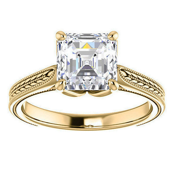 Asscher Vintage-Style Engraved Ring with Tulip Prongs