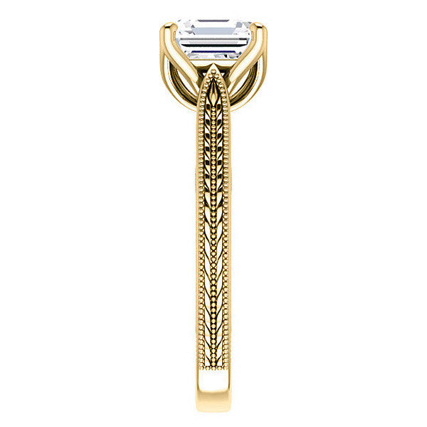 Asscher Vintage-Style Engraved Ring with Tulip Prongs