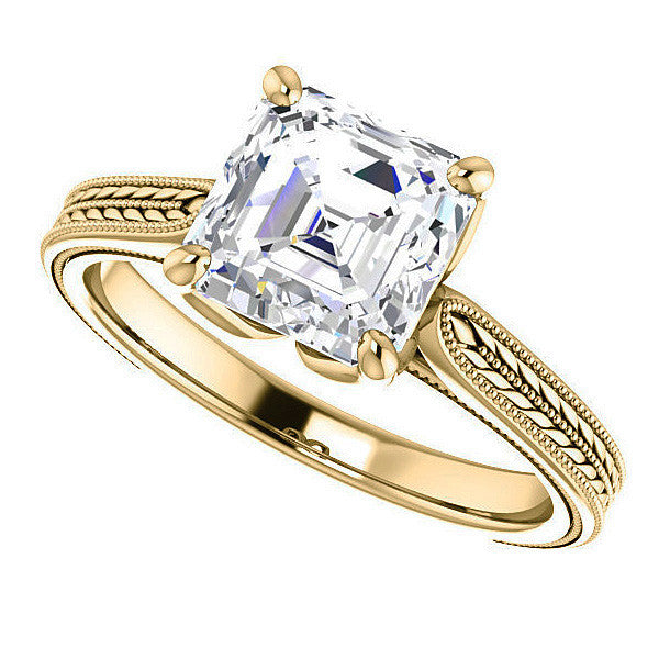 Asscher Vintage-Style Engraved Ring with Tulip Prongs