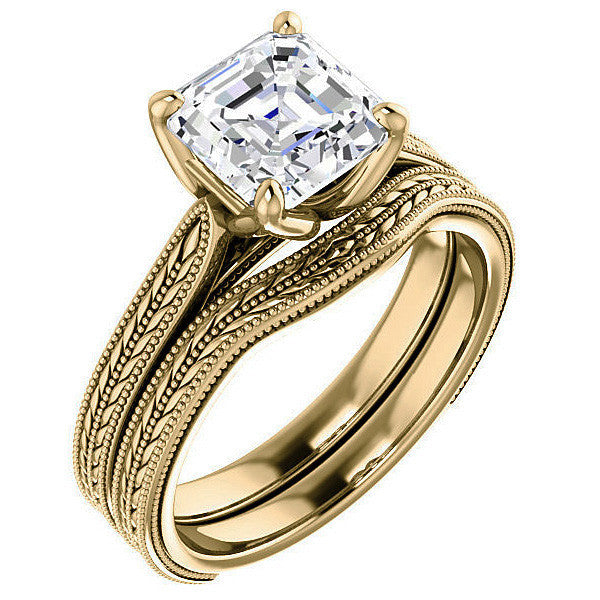 Asscher Vintage-Style Engraved Ring with Tulip Prongs