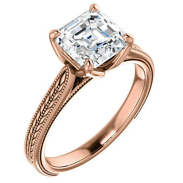 Asscher Vintage-Style Engraved Ring with Tulip Prongs
