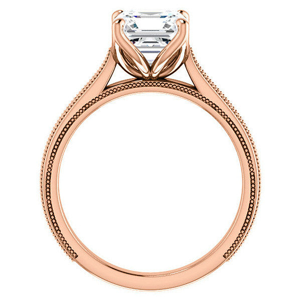 Asscher Vintage-Style Engraved Ring with Tulip Prongs